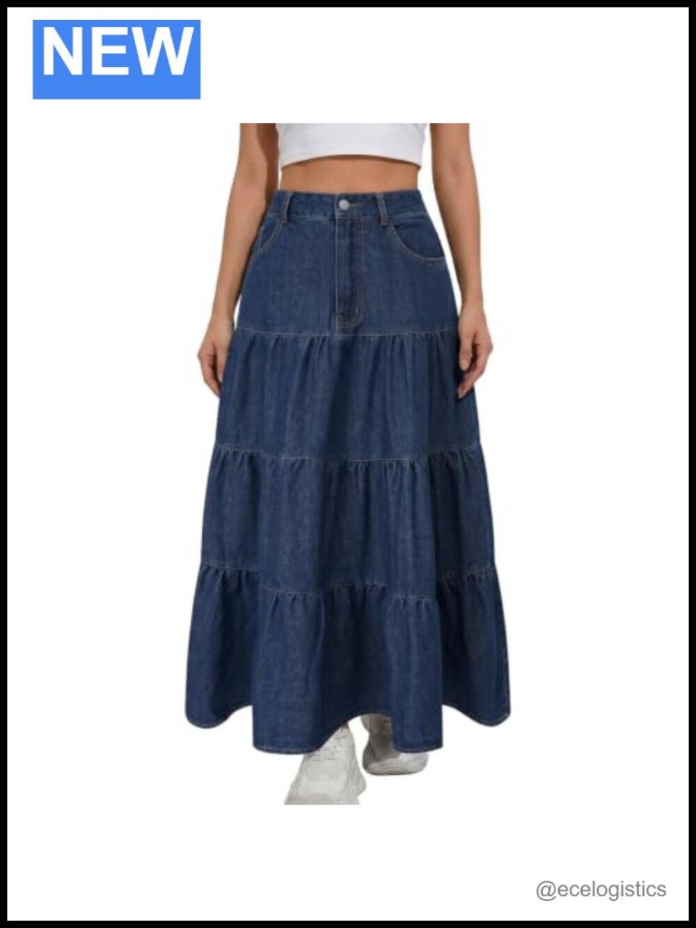 High-Waisted Denim Maxi Skirt 3-Tier A-Line Cotton Blend Pockets